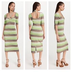 Veronica Beard Kante Striped Green and Brown Midi Dress L NWT